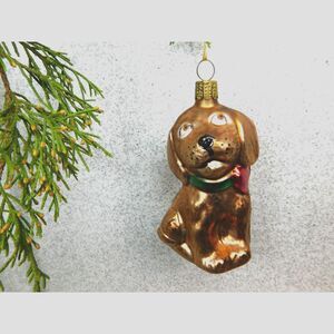 Blown Glass Dog Christmas Ornament Brown Puppy Hand Painted Animal